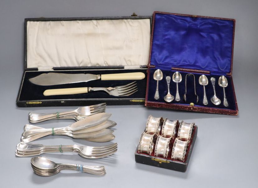 Silver plated ware, including a cased set of six napkin rings
